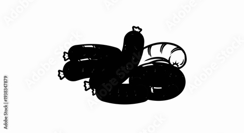 A stylized black and white illustration of a pile of sausages