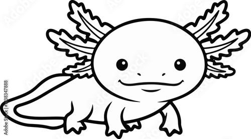 Cartoon axolotl with frilly gills and wide smile, in black and white