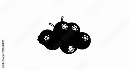 A black and white graphic illustration of a cluster of blueberries with stems and highlights