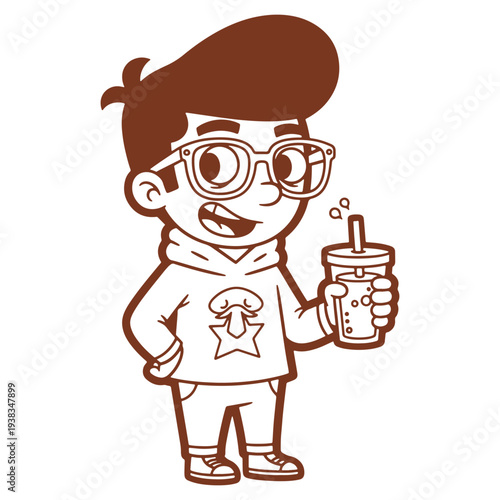 Cartoon boy wearing glasses enjoying a drink with a straw