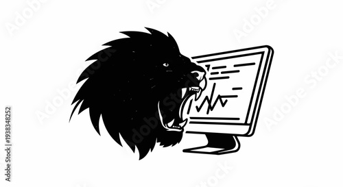 Fierce lion head with open mouth beside a computer monitor displaying a graph
