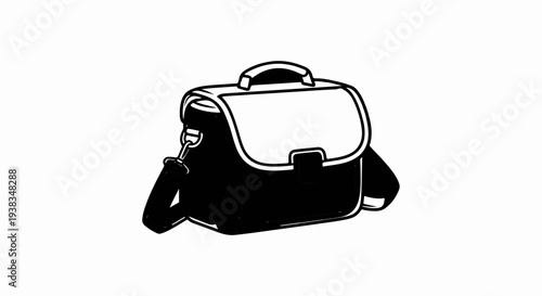 A black and white outline drawing of a satchel with a strap