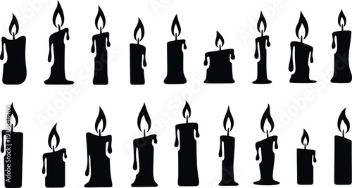 Set of 16 black candle icons vector