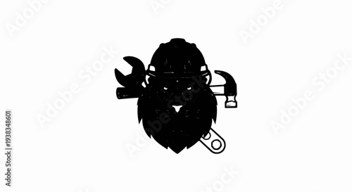 Black silhouette of a cartoon bear wearing a hard hat and holding tools