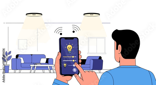 Man using smartphone to control smart home.