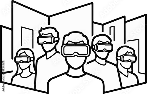 People using virtual reality headsets in an immersive digital environment