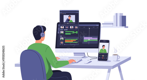 Man wearing headset sitting at desk.