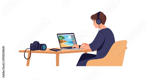 Man wearing headphones using laptop computer.