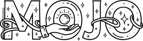 Mystical letters with sparkles, celestial orb, and a hopeful hand