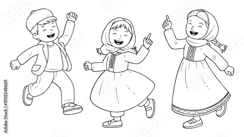 black and white illustration of children dancing and having fun together