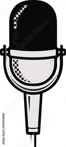 Retro microphone with a classic design and a black top, white band, and gray base