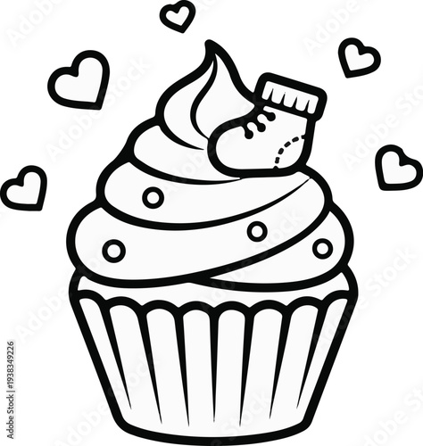 Outline of a cupcake with frosting, a baby shoe, and hearts