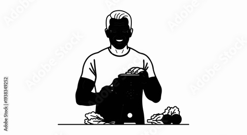 Man preparing food with fresh produce and kitchen gadget