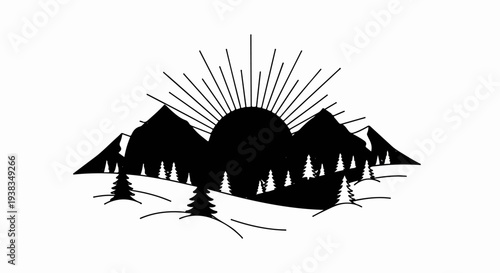 Black silhouette of a sun rising behind majestic mountains and evergreen trees