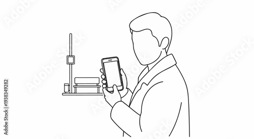 Person holding a smartphone, with a shelf and scientific equipment in background