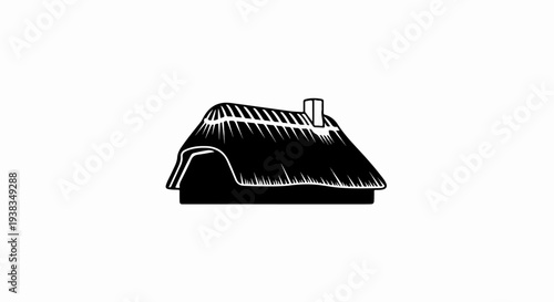 Black silhouette of a traditional thatched roof cottage with a chimney