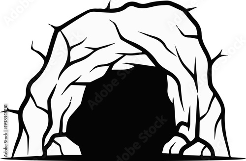 A jagged, dark cave entrance framed by rough, stylized rock formations