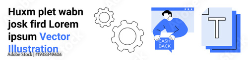 Diverse visual elements including gears, person holding cashback sign, and text elements. Ideal for marketing, finance, technology, website design, promotions, development, business. Landing page