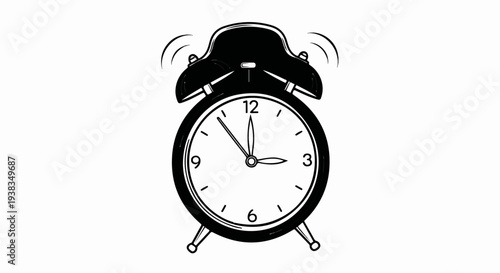 Black vintage alarm clock with ringing bells and hands pointing to 12