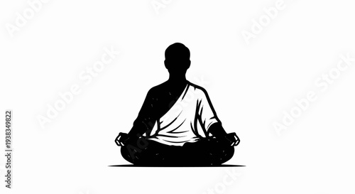 Silhouette of a person in lotus position, wearing draped clothing, meditating