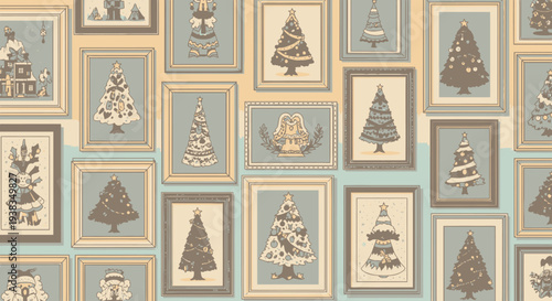 Vintage Christmas tree illustrations in frames.