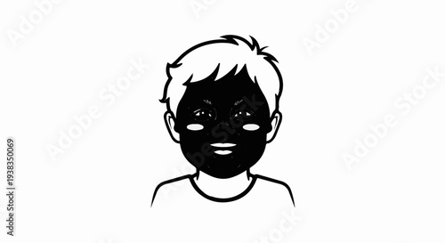 Cartoon child with a dark face mask on and light skin details