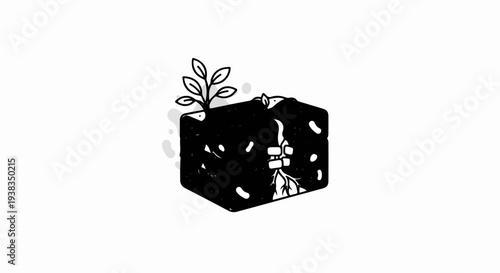 Black cube with a sprout growing from it and roots within