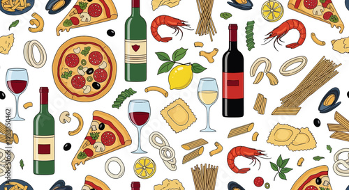 Delicious Seamless Pattern of Italian Food and Wine on Isolated White Background
