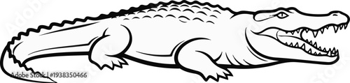 Outline drawing of a powerful alligator with mouth open and sharp teeth
