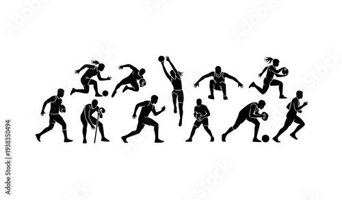 Multiple Athletes Performing Sports Vector Illustration Silhouette Dynamic Composition