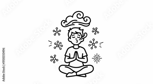 Person meditates in lotus pose with breath symbol and abstract elements