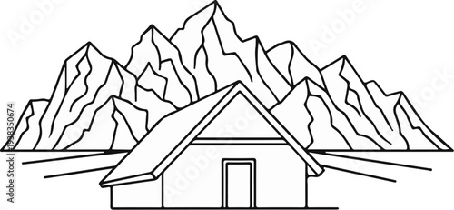 A simple line drawing of a house nestled at the base of jagged mountains