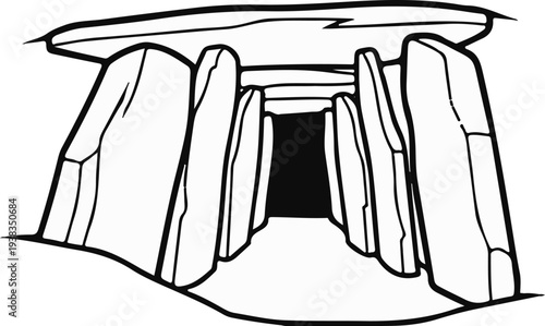 Ancient stone tomb structure with a dark entrance and rocky protrusions