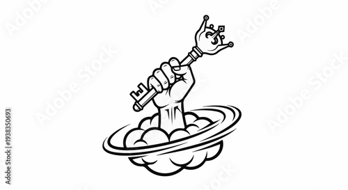 Fist holding an intricate key emerges from clouds with swirling rings