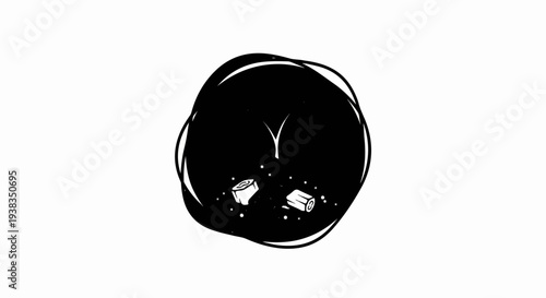 Abstract black circle with two white pieces and scattered white dots