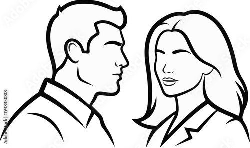 Black and white line art illustration of a man and woman facing each other