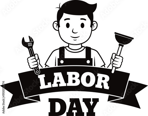 Labor day celebration with cartoon worker holding tools
