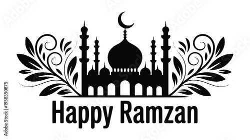Black silhouette of a mosque with a crescent moon and leaves on a white background for ramzan