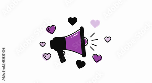A purple and black megaphone emits hearts in various shades of purple