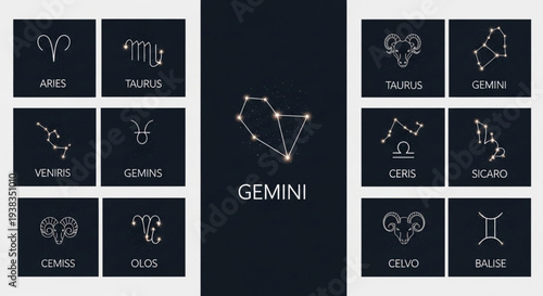 Collection of Zodiac Constellation Symbols and Gemini Constellation Illustration.