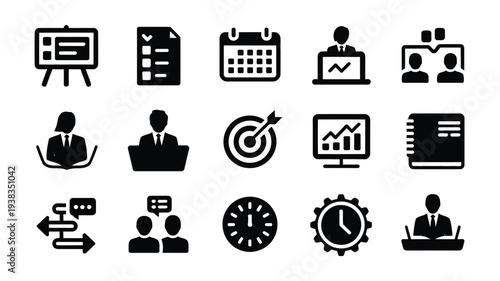 Business project meeting icons set with silhouettes of people working together on tasks and goals
