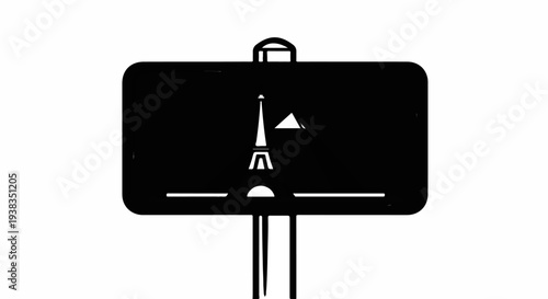 Stylized black and white sign featuring iconic global landmarks