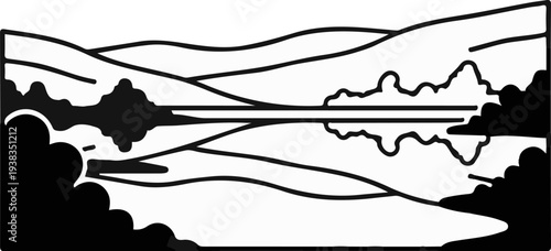 Stylized black and white landscape with rolling hills, calm water reflecting clouds and land