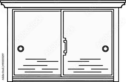 Outline of a modern, double-doored cabinet with decorative molding