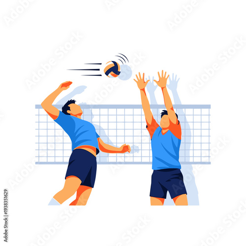 Volleyball players jumping to spike and block over net, dynamic action illustration