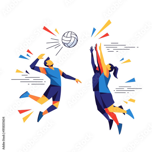 Volleyball players jumping, action, sport illustration