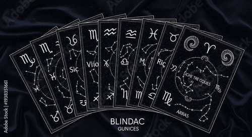 Zodiac Constellation Cards Displayed Artistically on Dark Fabric.