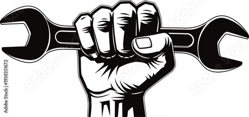 A clenched fist gripping a large adjustable wrench tightly in hand