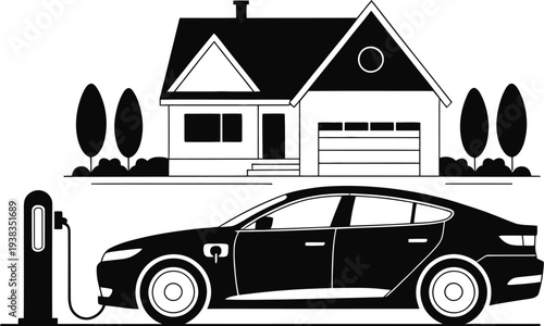 Vector illustration of electric car charging at home