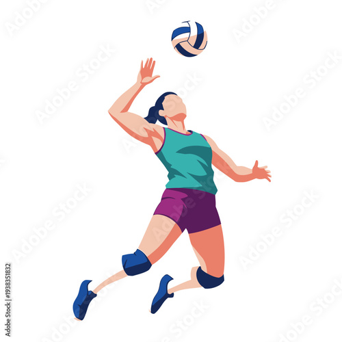 Female Volleyball Player Jumping to Spike Ball in Action - Sport Illustration